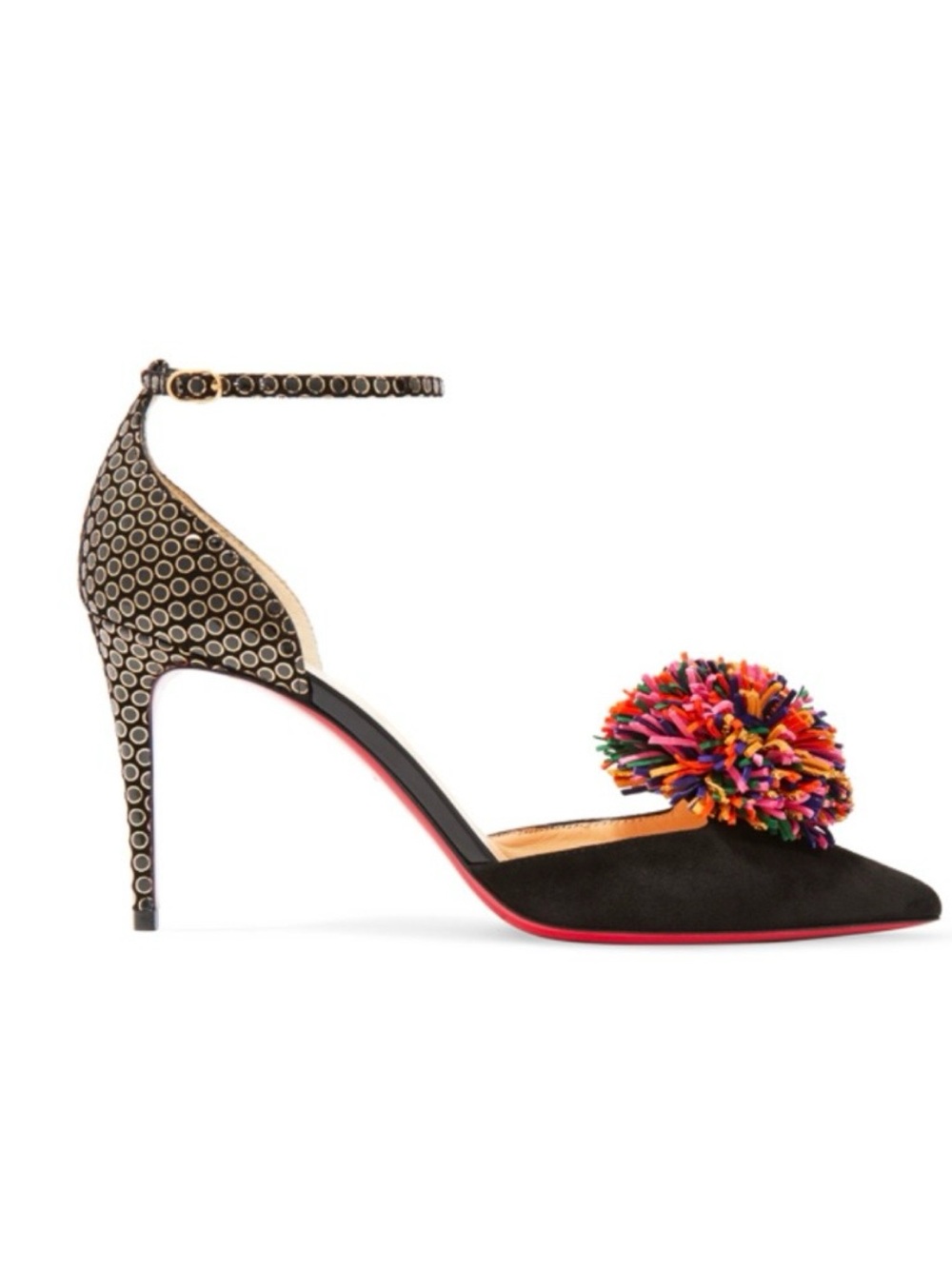 Christian Louboutin Tsarou Rainbow Pom Pom Ankle Strap Heels 37